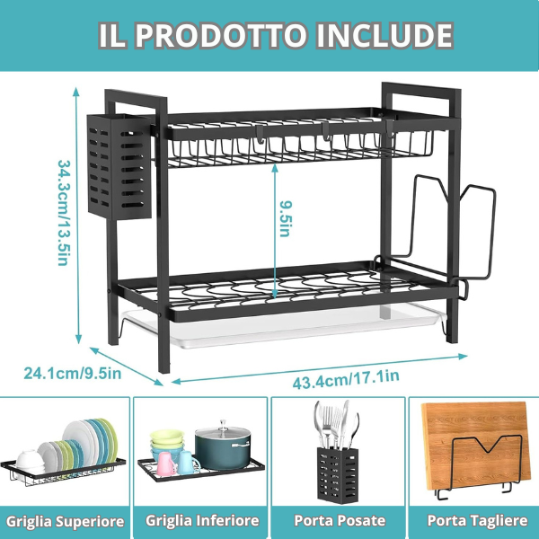 Space-saving 2-tier dish drainer