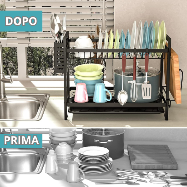 Space-saving 2-tier dish drainer