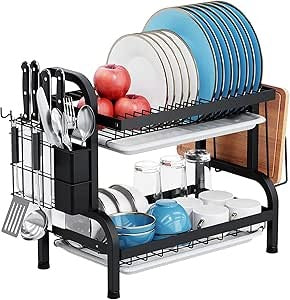 Space-saving 2-tier dish drainer